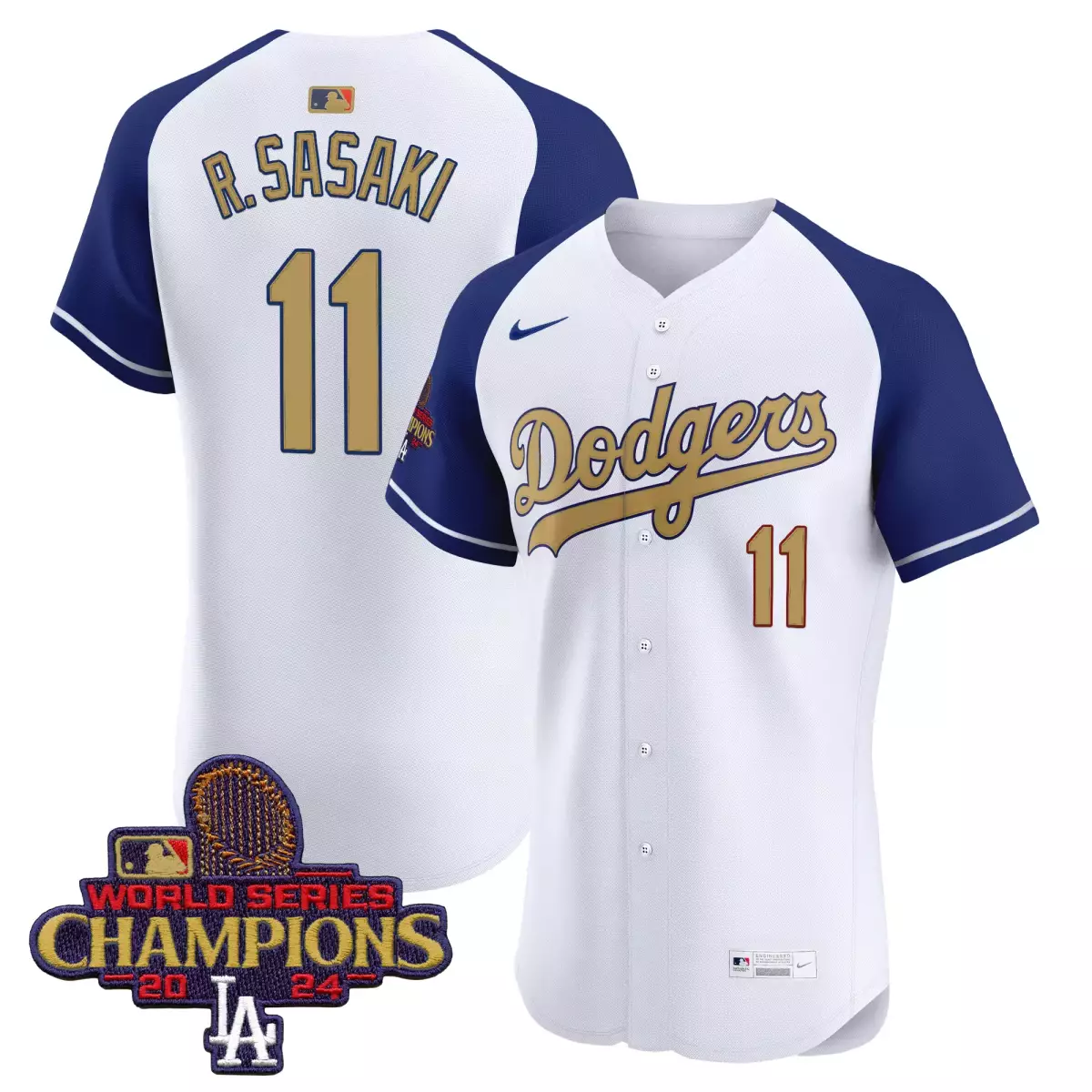 R Sasaki 11 Dodgers Jersey White World Series Champions 2024 Men Blue Gold Vapor