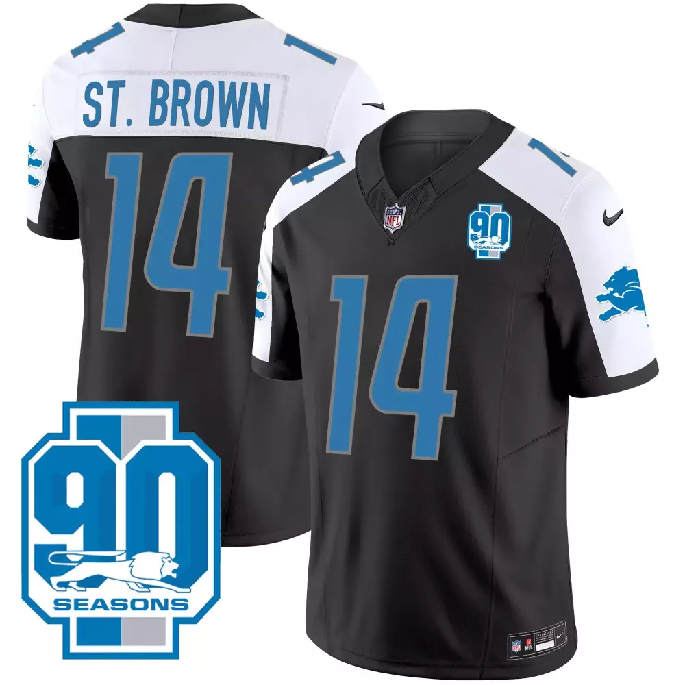 St Year 14 Lions Jersey Black 90 Seasons Men Replica Alternate White Blue All Stitched
