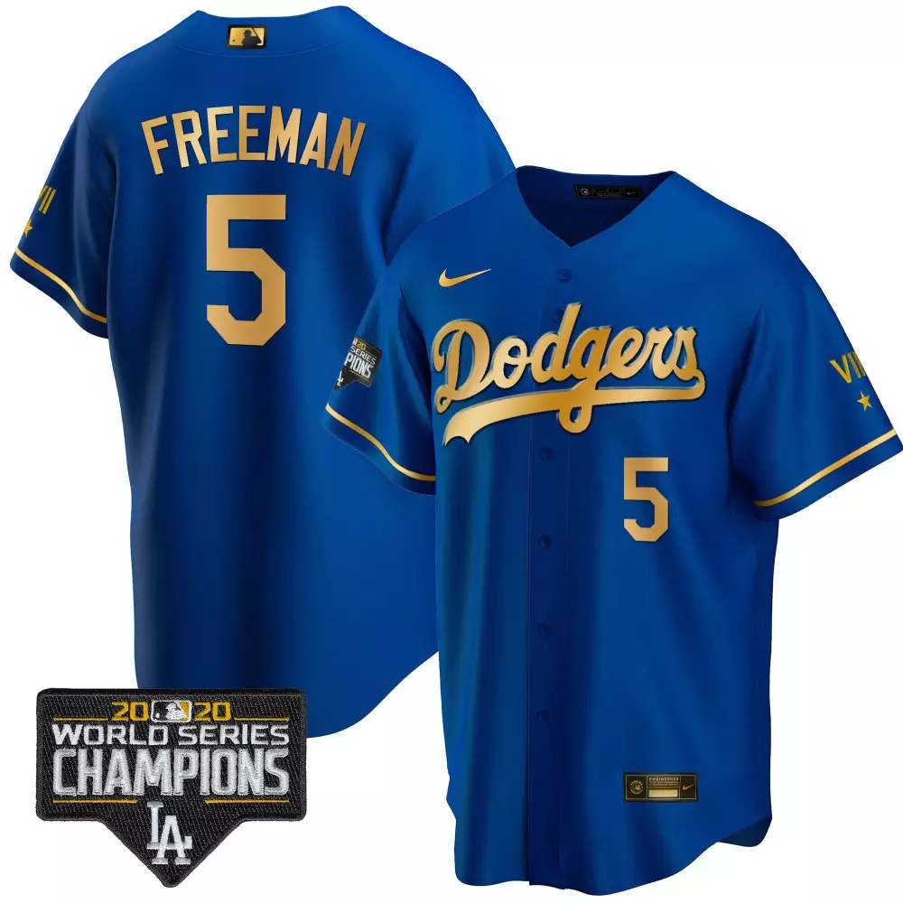 Freddie Freeman 5 Dodgers Jersey Blue 2020 World Series Champions Men Gold Cool Limited