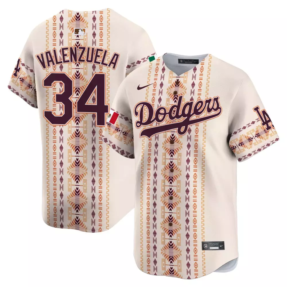 Valenzuela 34 Dodgers Jersey Cream Mexican Heritage Flag Men Custom Design Maroon