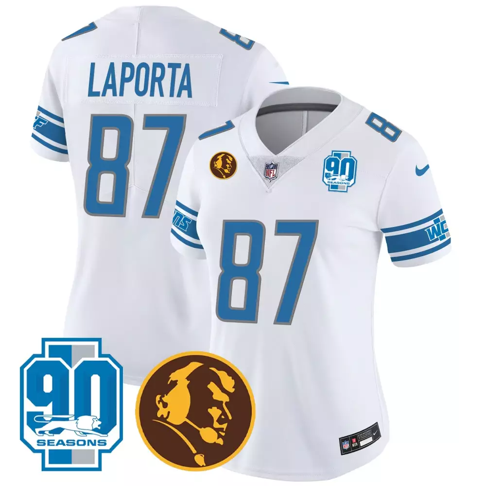 Sam Laporta 87 Detroit Lions Jersey White 90th Anniversary 90 Seasons Men Blue Grey