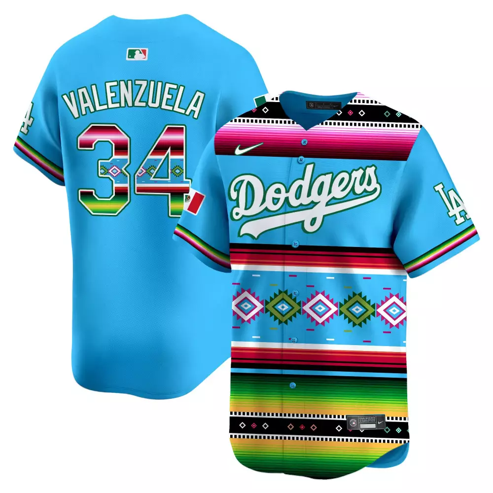 Valenzuela 34 Dodgers Jersey Blue Men Split Custom Design White Green Pink Red Yellow