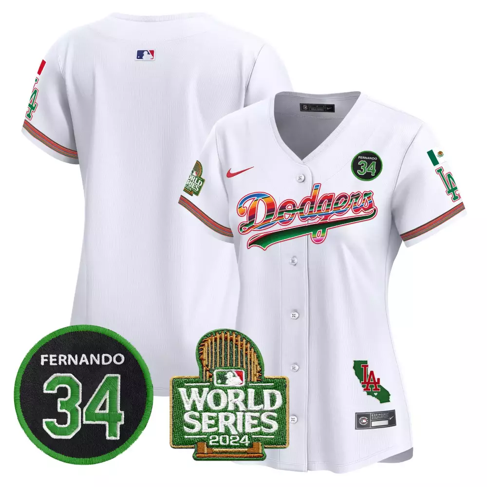 Mexico Fernando 34 Dodgers Jersey White World Series 2024 LA State Women Split Design