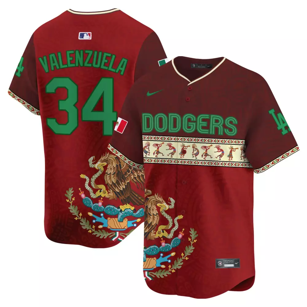 Valenzuela 34 Dodgers Jersey Maroon Mexican Heritage Flag LA Men Green White Red
