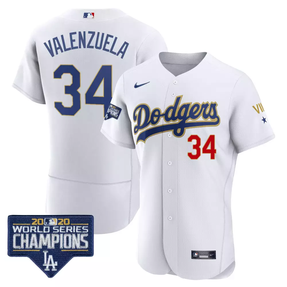 Fernando Valenzuela 34 Dodgers Jersey White 2020 World Series Champions Men Blue