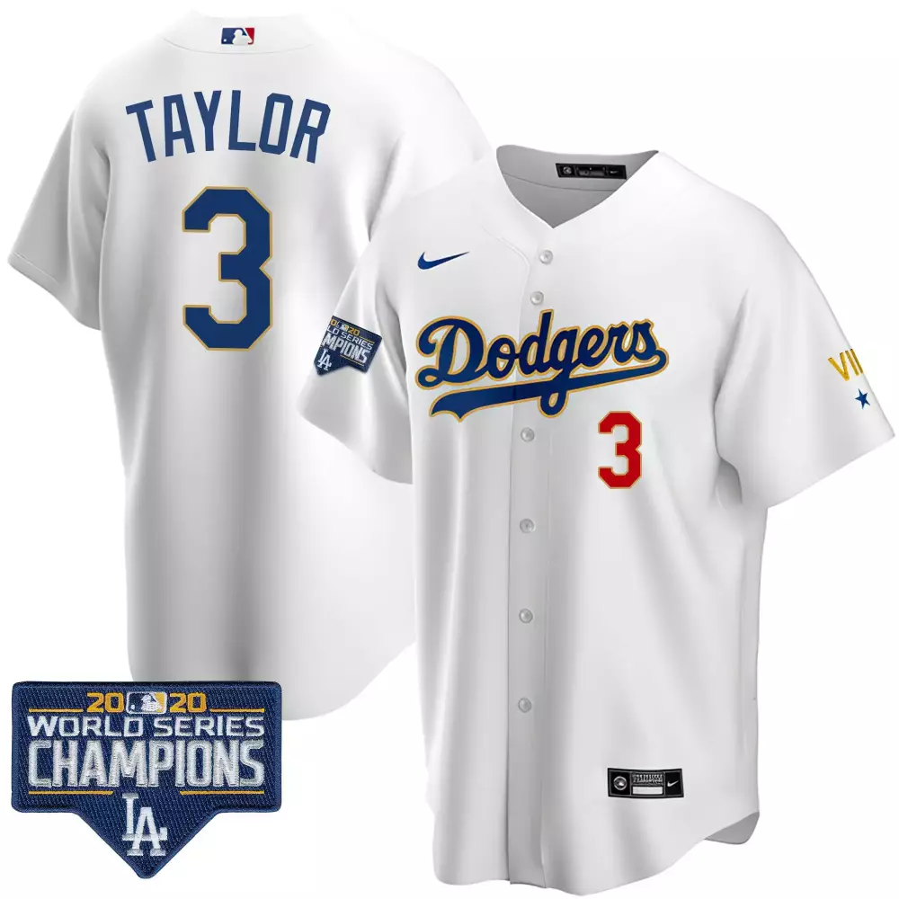 Chris Taylor 3 Dodgers Jersey White 2020 World Series Champions Men Blue Red Gold