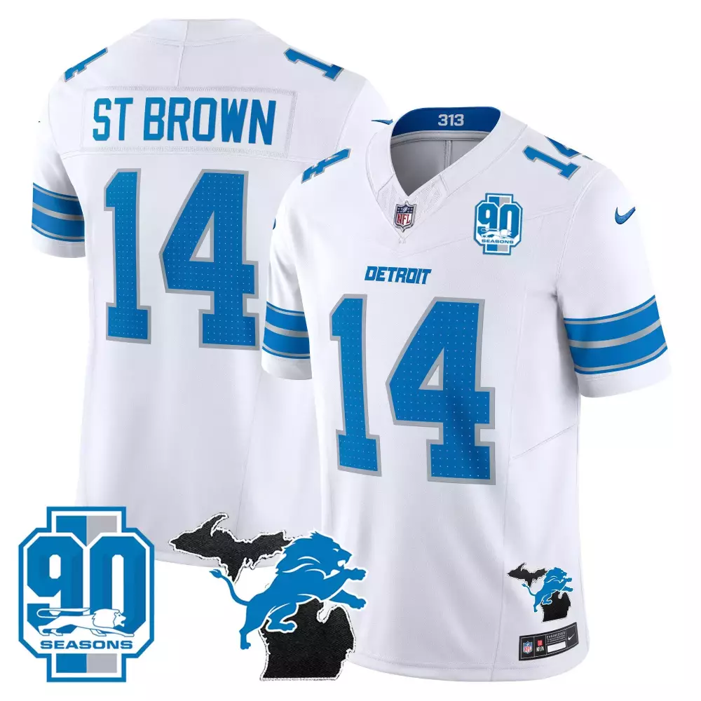 St Year 14 Detroit Lions Jersey White 90 Seasons Men Blue Silver Vapor All Stitched