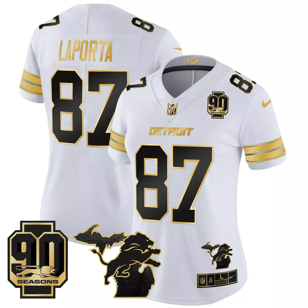 Sam Laporta 87 Detroit Lions Jersey White 90th Season 90 Seasons Men Alternate Black