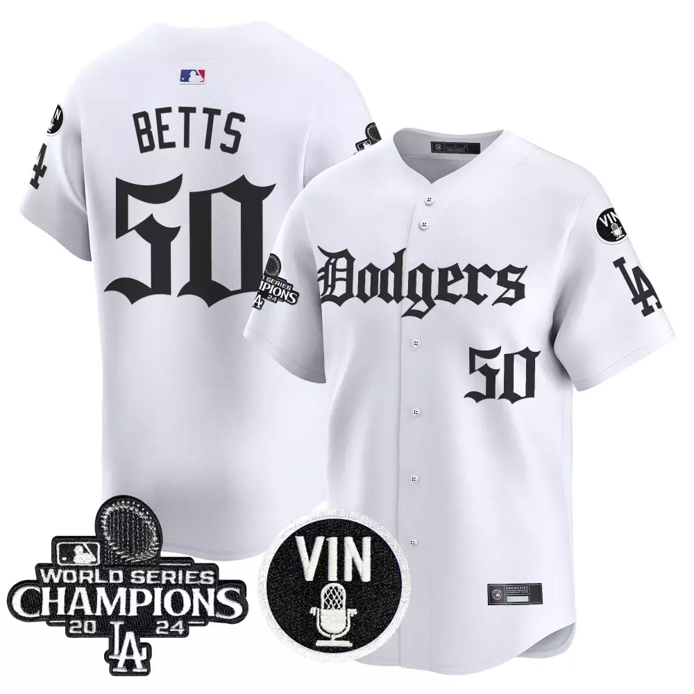 Betts LA 50 Dodgers Jersey White World Series Champions 2024 Vin Microphone Men Black