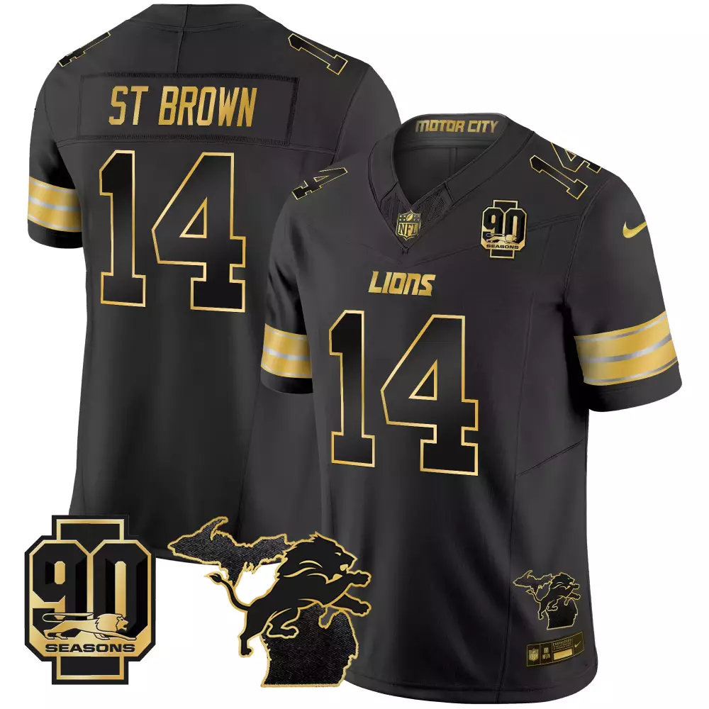 St Brown 14 Lions Jersey Black 90th Season 90 Seasons Motor City Men Gold Stitched