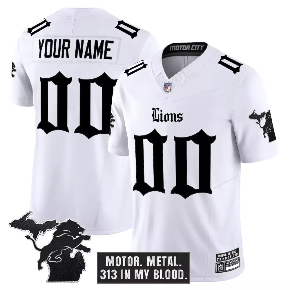 Custom Lions Jersey White Michigan Outline Lion Men Black Vapor Limited Embroidered
