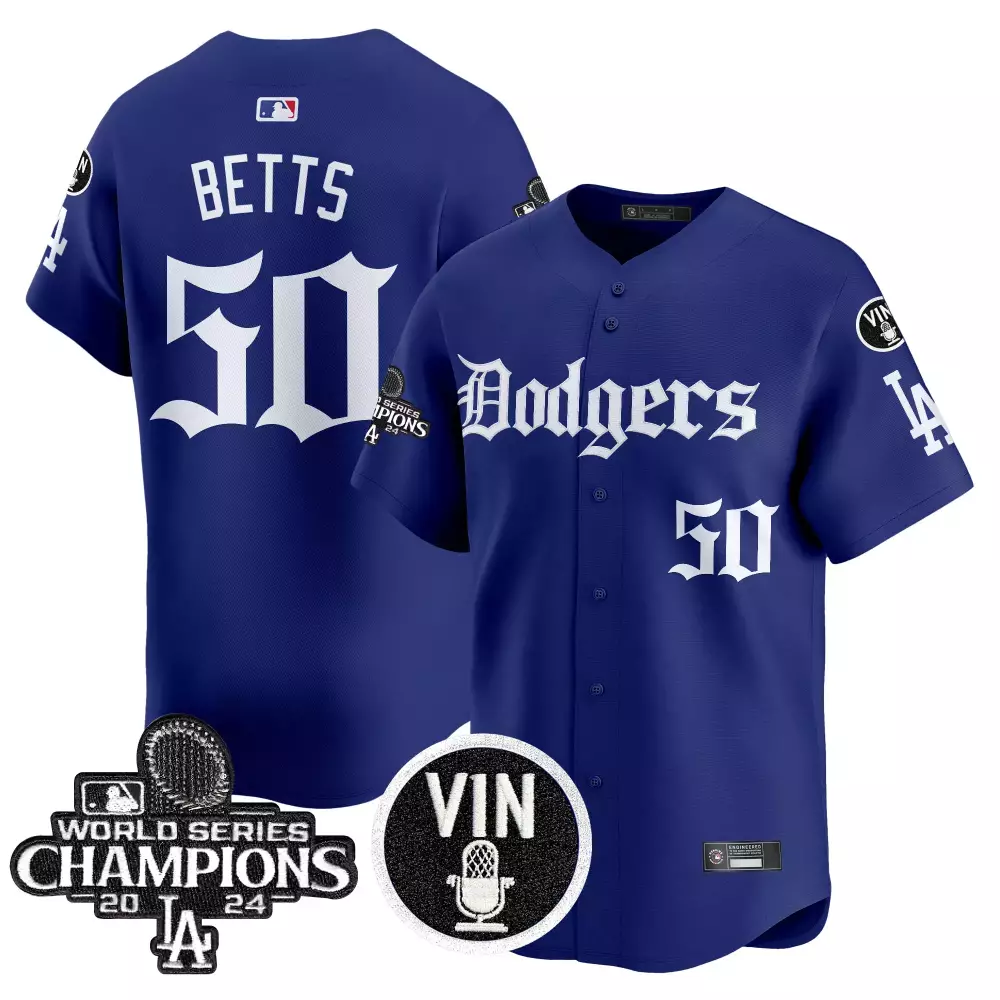 Betts LA 50 Dodgers Jersey Blue 2024 World Series Champions Vin Microphone Men White