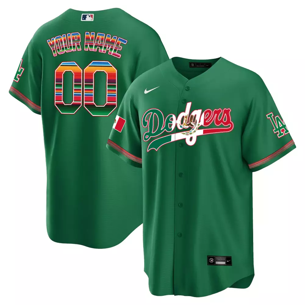 Custom Dodgers Jersey Green Mexico Flag Men Red White Multicolor Stripes All Stitched