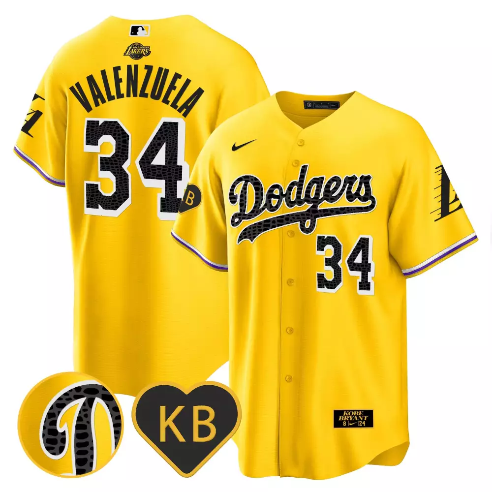 Fernando Valenzuela 34 Dodgers Jersey Yellow Kobe Bryant Lakers Men Black Purple