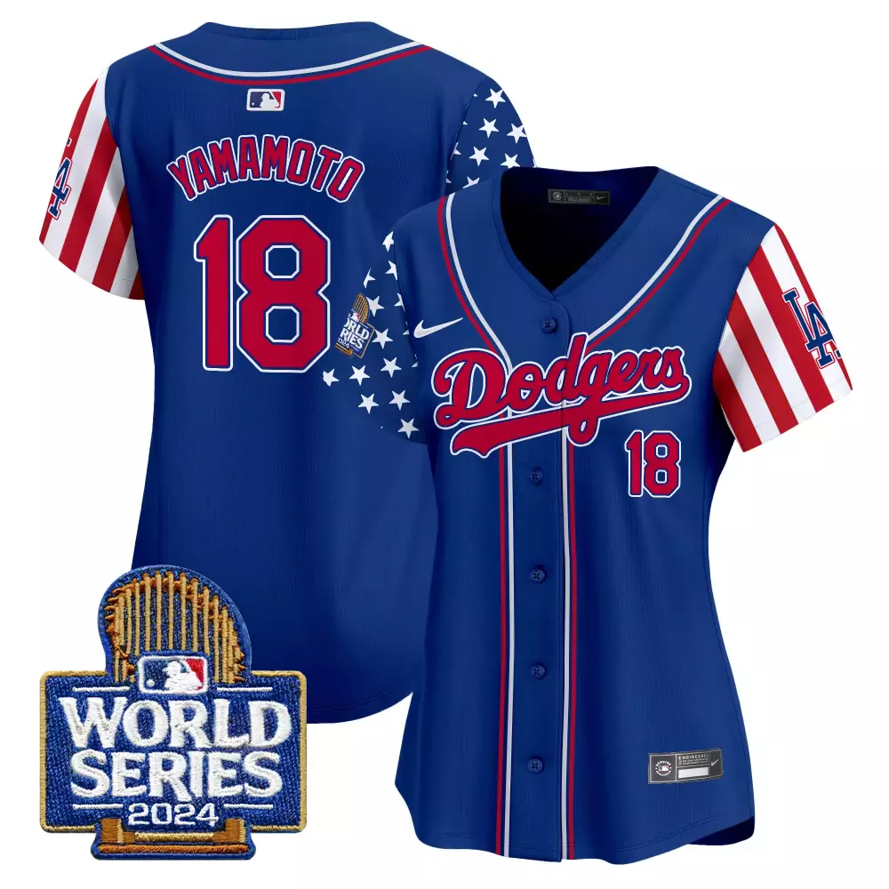 Make American 18 Dodgers Jersey Blue World Series 2024 Men Split Design Red White