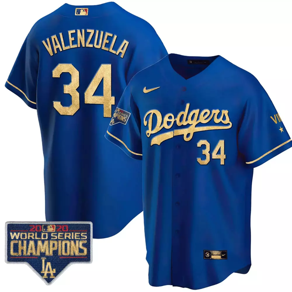 Fernando Valenzuela 34 Dodgers Jersey Blue 2020 World Series Champions Men Gold Cool
