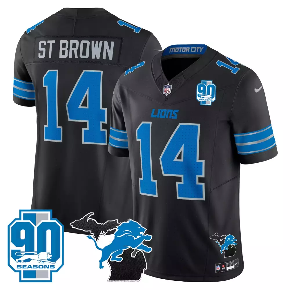 Amonra St 14 Lions Jersey Black 90th Season 90 Seasons Men Blue Silver All Stitched