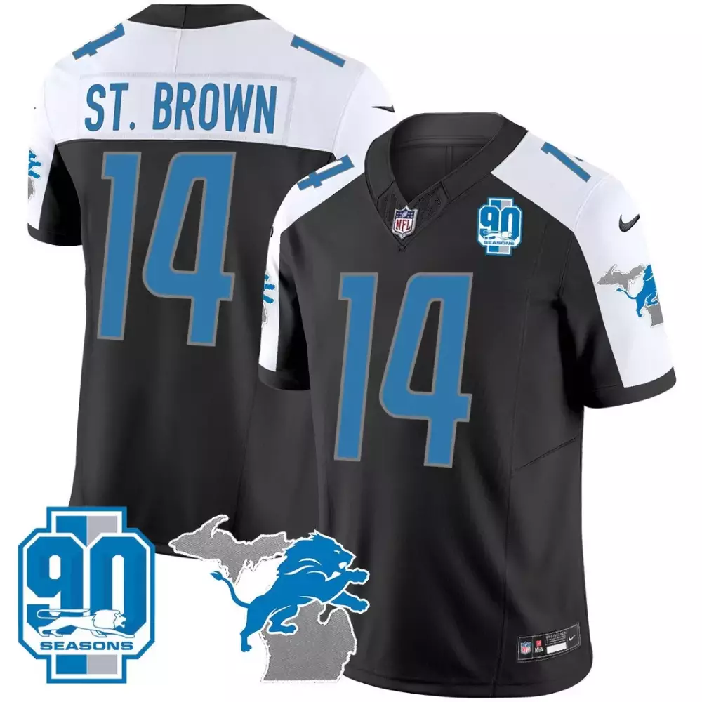 St Year 14 Lions Jersey Black 90 Seasons Men Alternate White Blue Vapor All Stitched