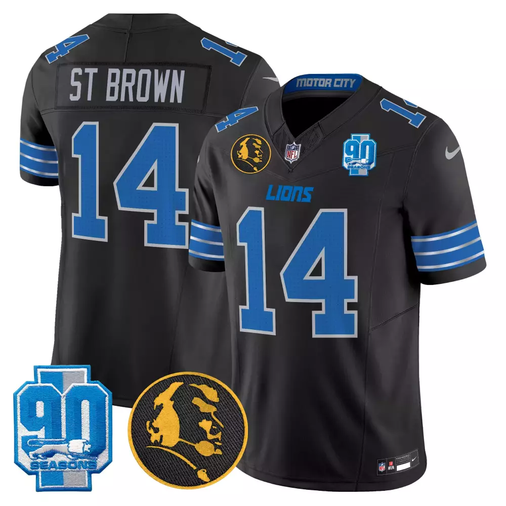 St Brown 14 Lions Jersey Black 90th Season 90 Seasons Head Men Standard Blue Vapor
