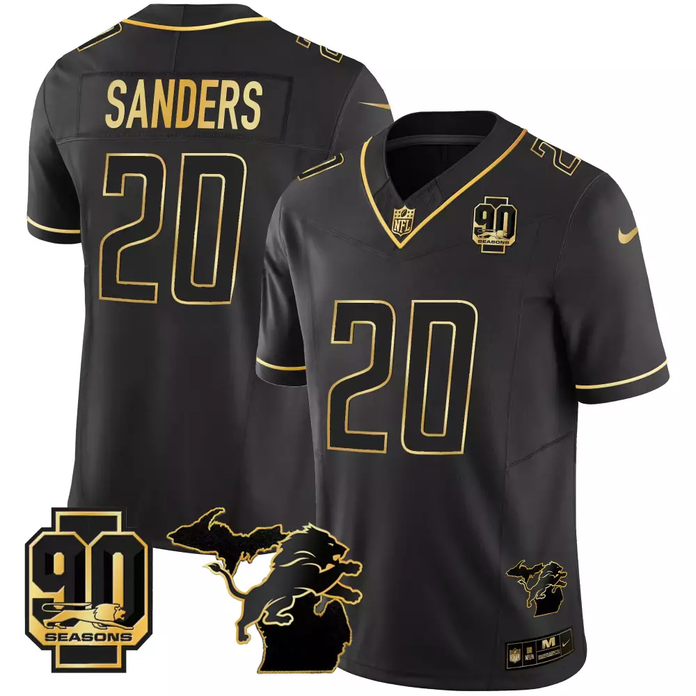Sanders Year 20 Detroit Lions Jersey Black 90 Seasons Men NFL Gold Stitched