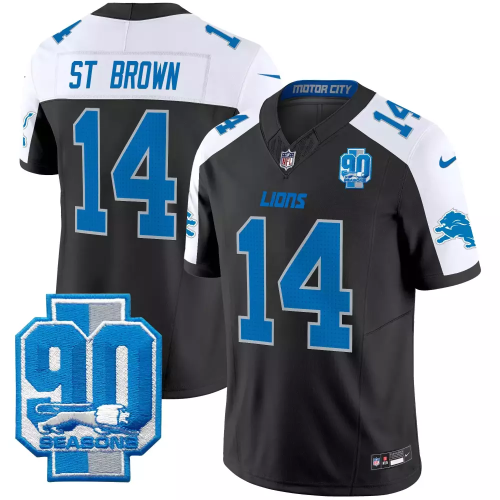 St Year 14 Lions Jersey Black 90 Seasons Men Short Sleeve White Blue Alternate Vapor