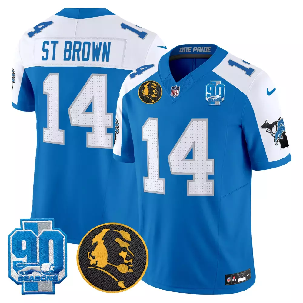 St Brown 14 Lions Jersey Blue 90 Seasons Lion Head Men White Silver Alternate Vapor