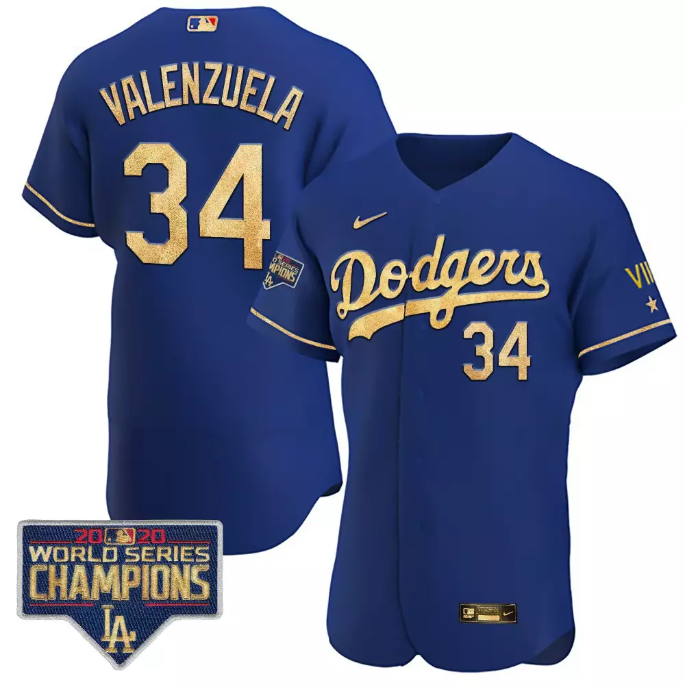 Fernando Valenzuela 34 Dodgers Jersey Blue 2020 World Series Champions Men Gold Flex