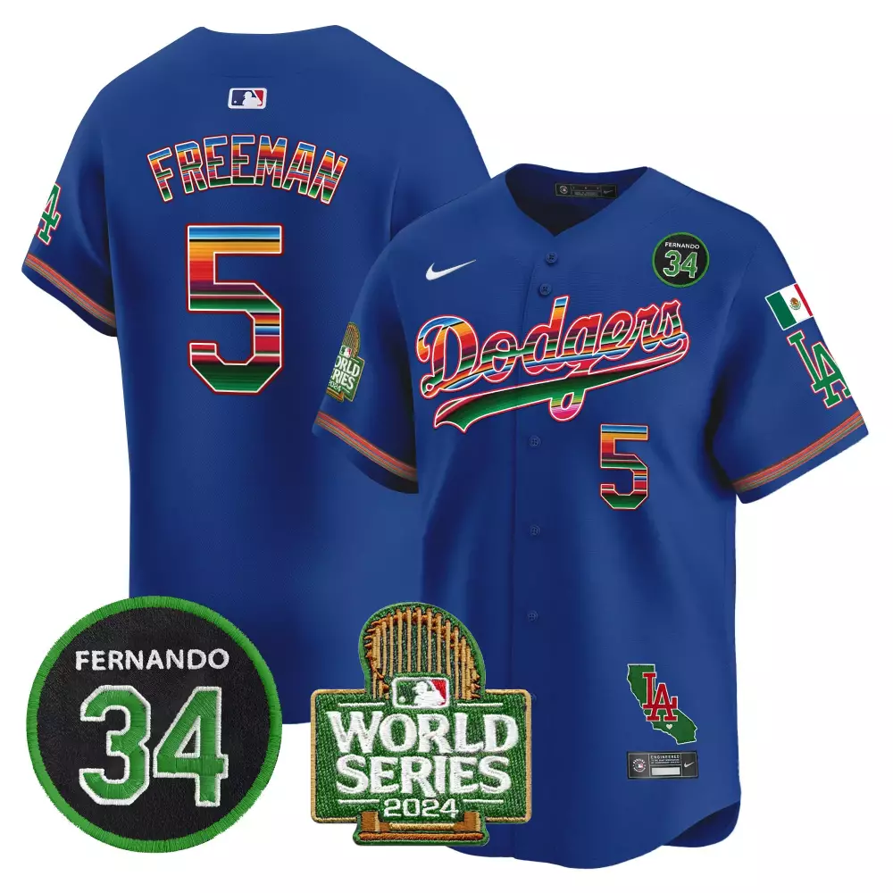 Freddie Freeman 5 Dodgers Jersey Royal Blue World Series 2024 LA Mexico Flag Men