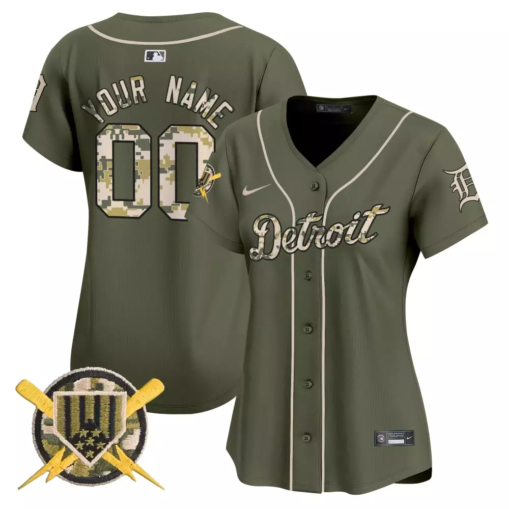 Custom Detroit Tigers Jersey Olive Green Camo Women Design White Tan Black Light
