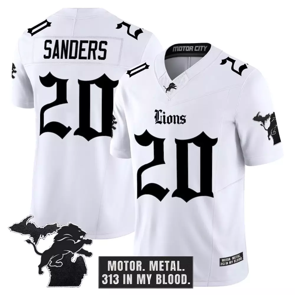 Sanders Motor 20 Lions Jersey White City Michigan Outline Lion Men Black Stitched