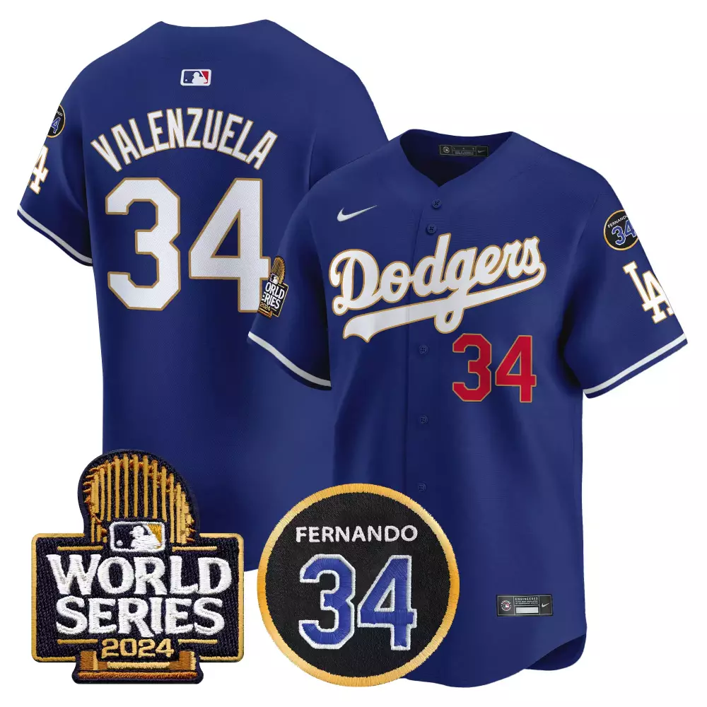 Fernando Valenzuela 34 Dodgers Jersey Royal Blue World Series 2024 LA Men White Red