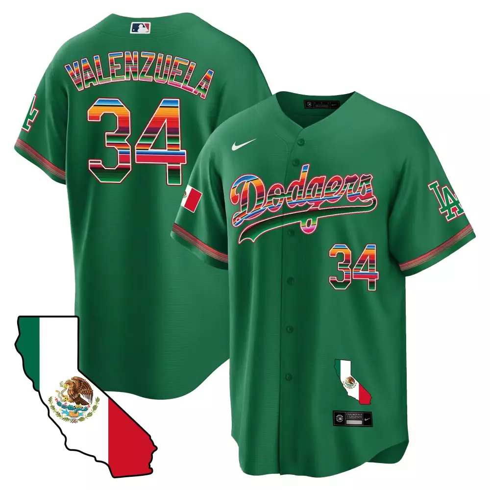 Fernando Valenzuela 34 Dodgers Jersey Green Cinco De Mayo Mexican Flag California Outline 2023