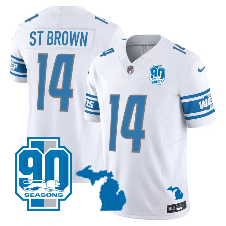 St Year 14 Detroit Lions Jersey White 90th Season 90 Seasons 2021 Men Alternate Split Design