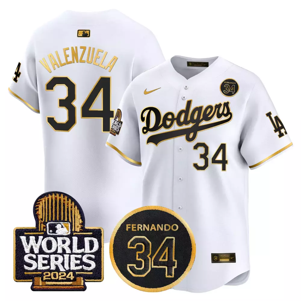 Fernando Valenzuela 34 Dodgers Jersey White World Series 2024 Men Black Gold Vapor