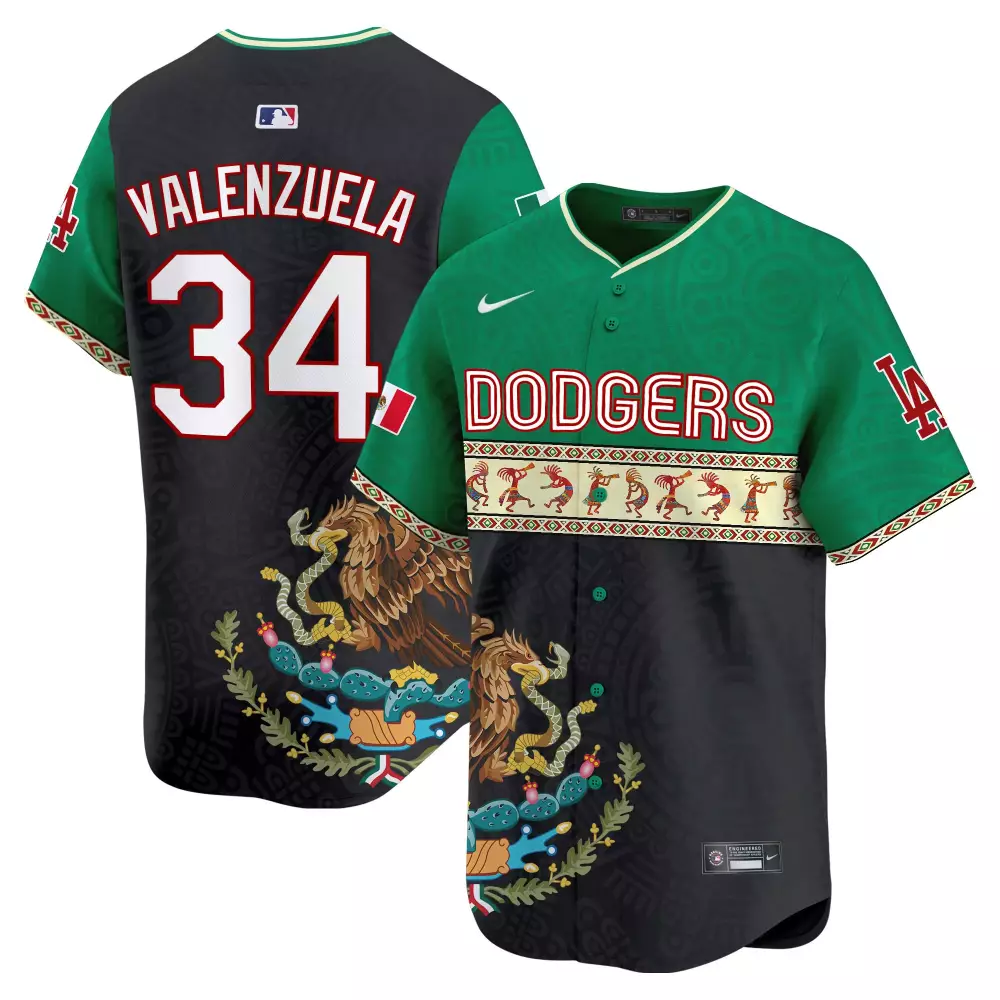 Valenzuela 34 Dodgers Jersey Green Mexico Flag Men Split Custom Design Black Vapor