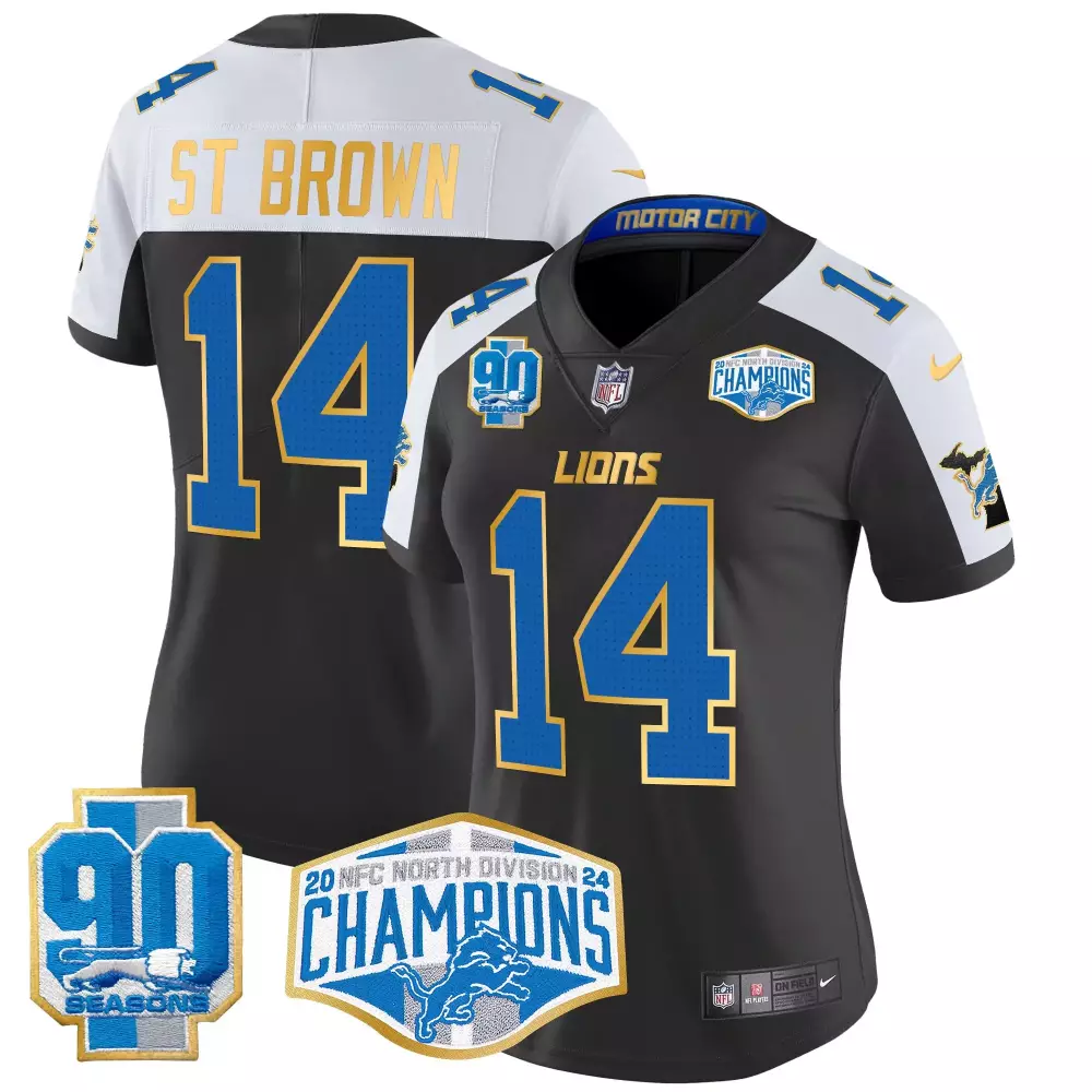 St Division 14 Lions Jersey Black 90 Seasons Men Alternate Split Design White Blue