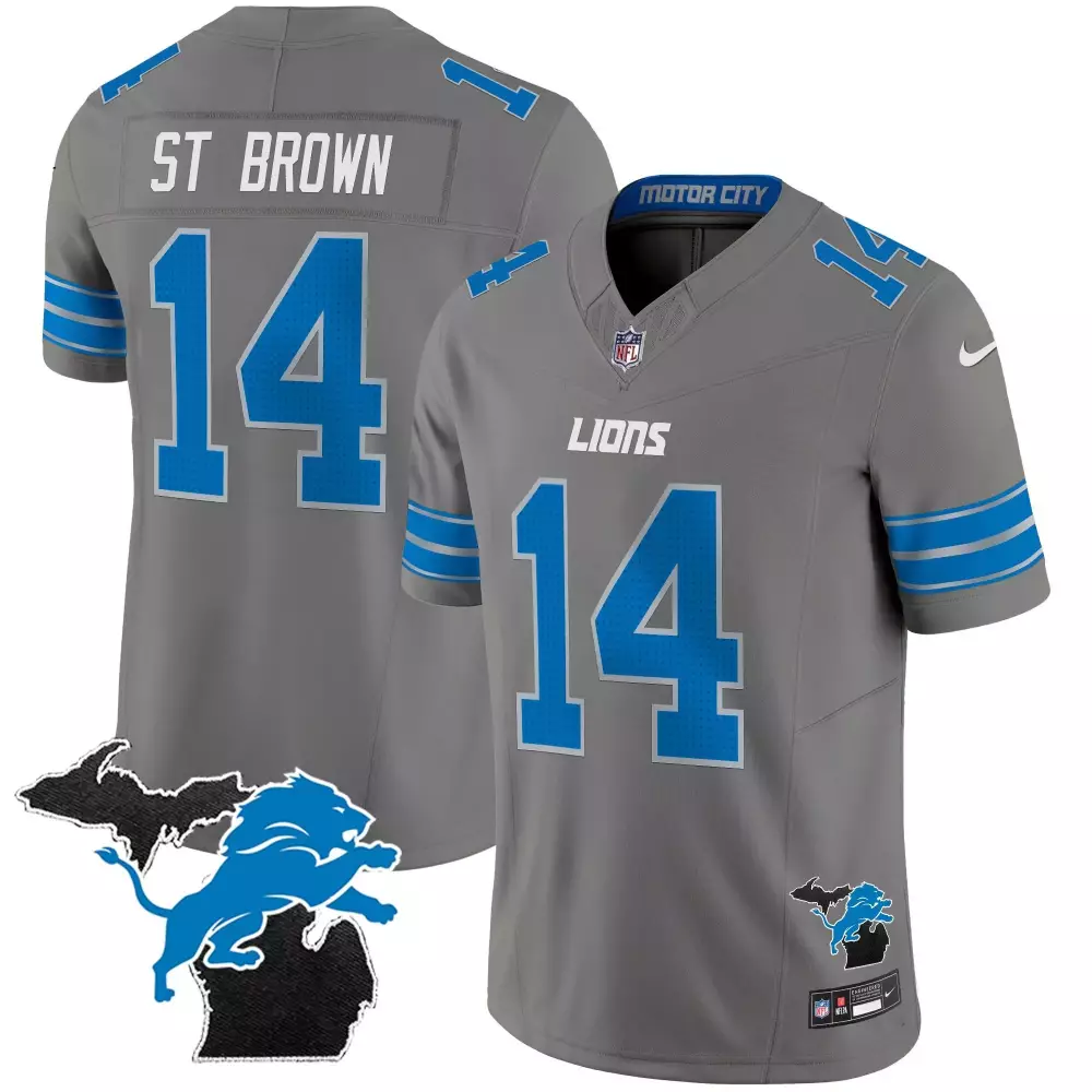St Brown 14 Lions Jersey Gray Motor City Men Standard Blue Vapor Limited All Stitched