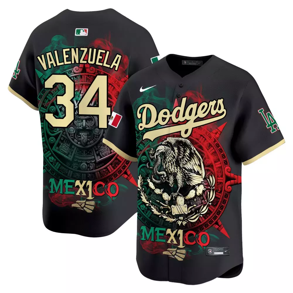 Valenzuela 34 Dodgers Jersey Black Mexico Day 2023 Men Split Custom Design Green