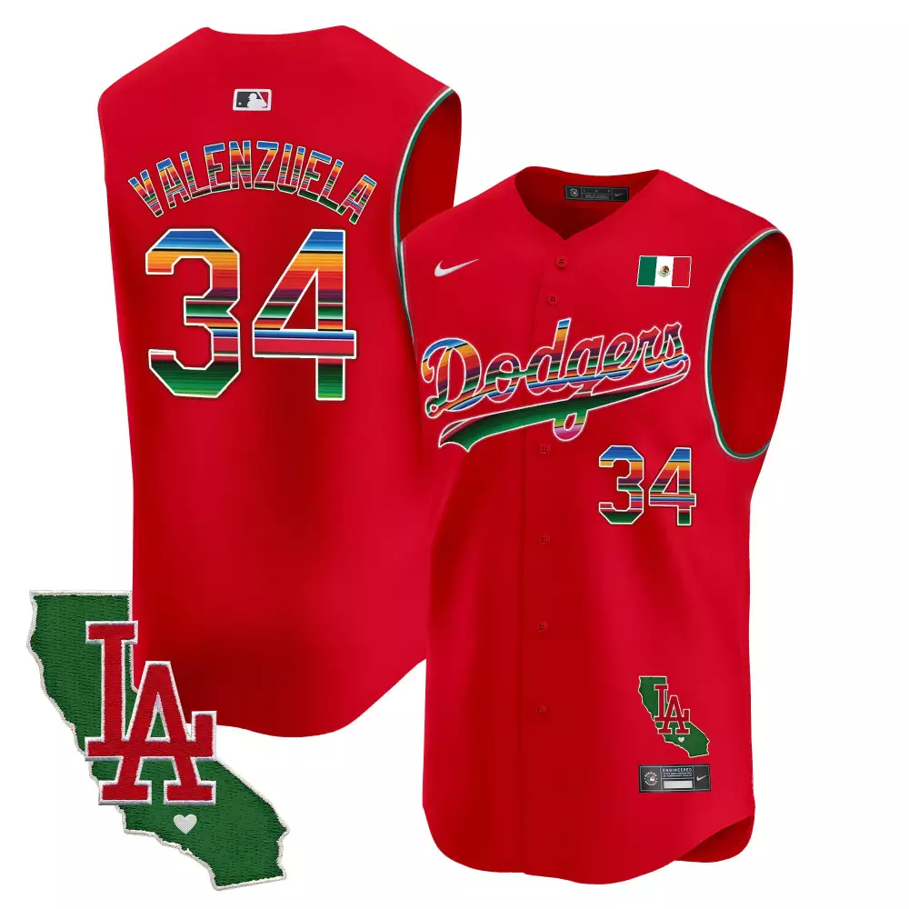 Fernando Valenzuela 34 Dodgers Jersey Red Hispanic Heritage Mexican Flag California Outline