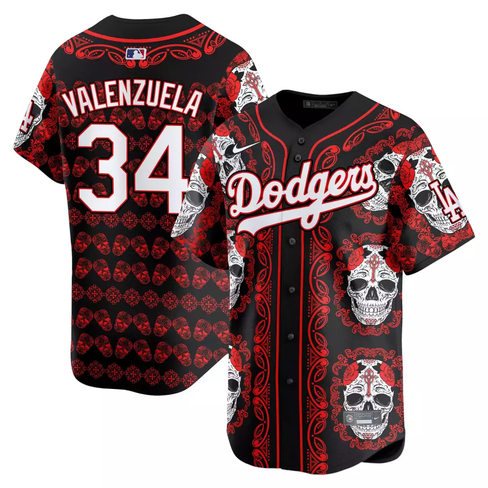 Valenzuela 34 Dodgers Jersey Black Day Of The Dead Men Custom Design Red White Vapor