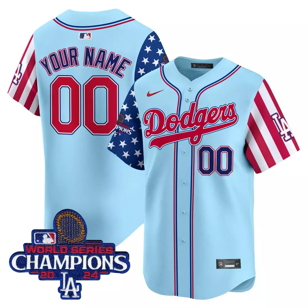 Custom Dodgers Jersey Light Blue World Series Champions 2024 Men Split Design Red