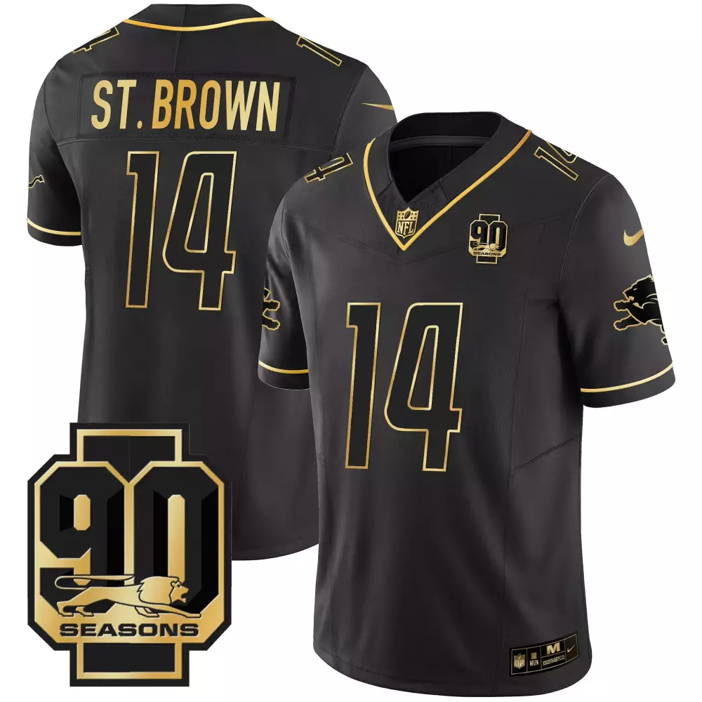 St Year 14 Lions Jersey Black 90 Seasons Men Gold All Stitched
