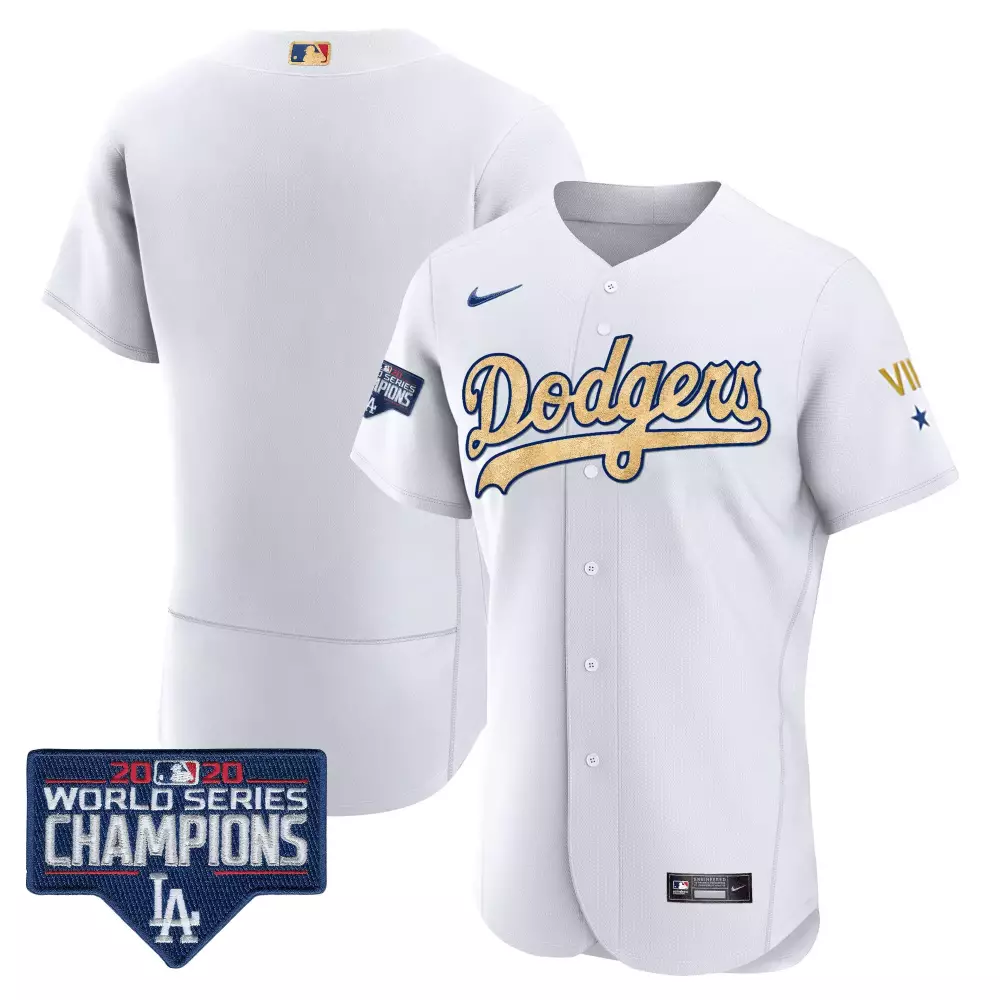 Custom Dodgers Jersey White 2020 World Series Champions Men Gold Blue All Stitched