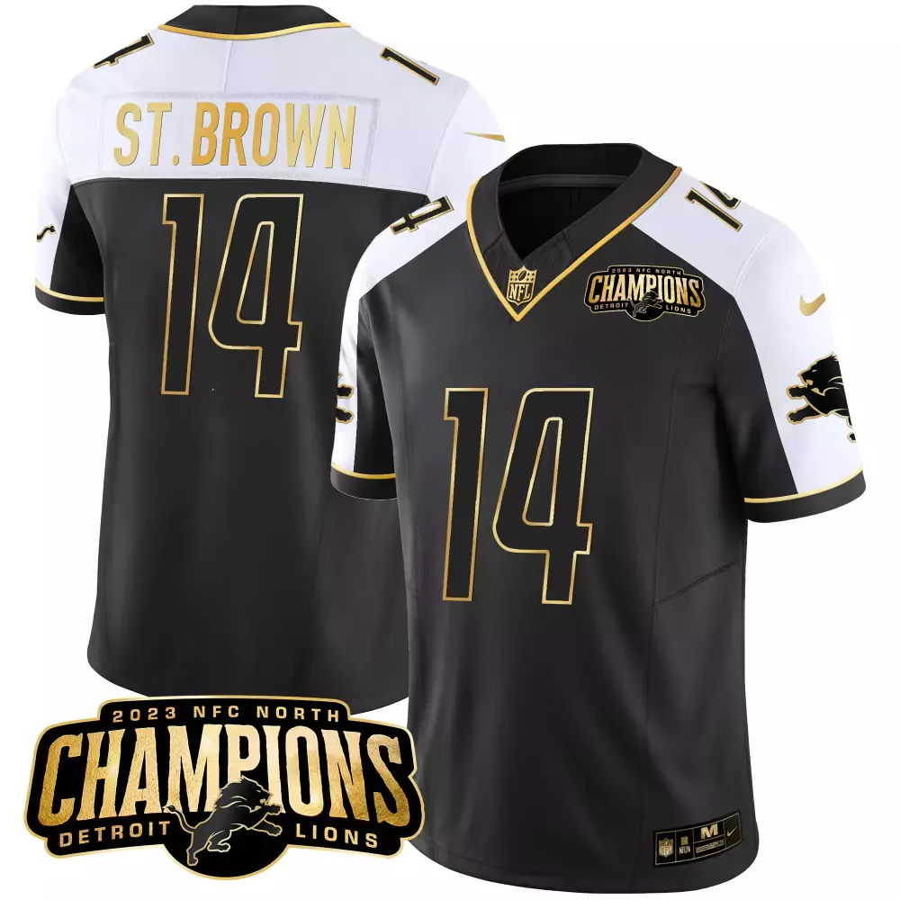 Aamaris Brown 14 Detroit Lions Jersey Black 2023 NFC North Champions Men White Gold