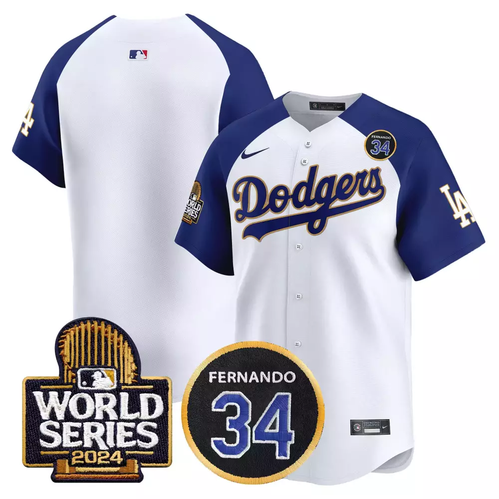 Fernando Valenzuela 34 Dodgers Jersey White World Series 2024 Men Royal Blue Gold