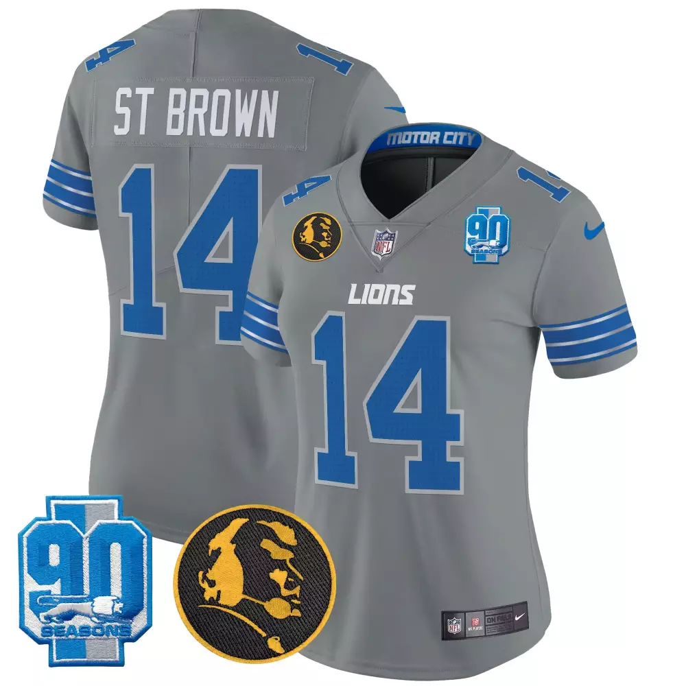 St Brown 14 Lions Jersey Gray 90 Seasons Men Standard Blue White Vapor Limited All