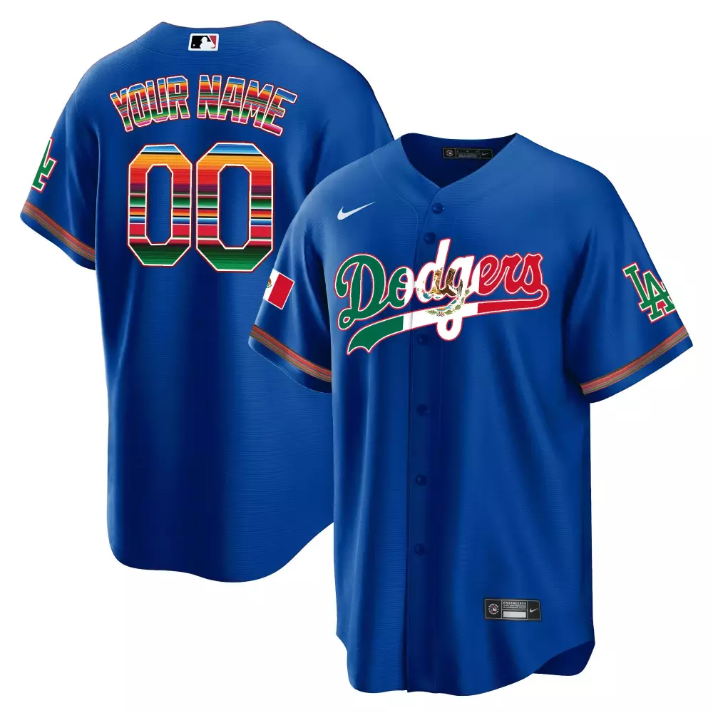Custom Dodgers Jersey Blue Mexico Flag Men Split Design Green Red White Yellow Orange