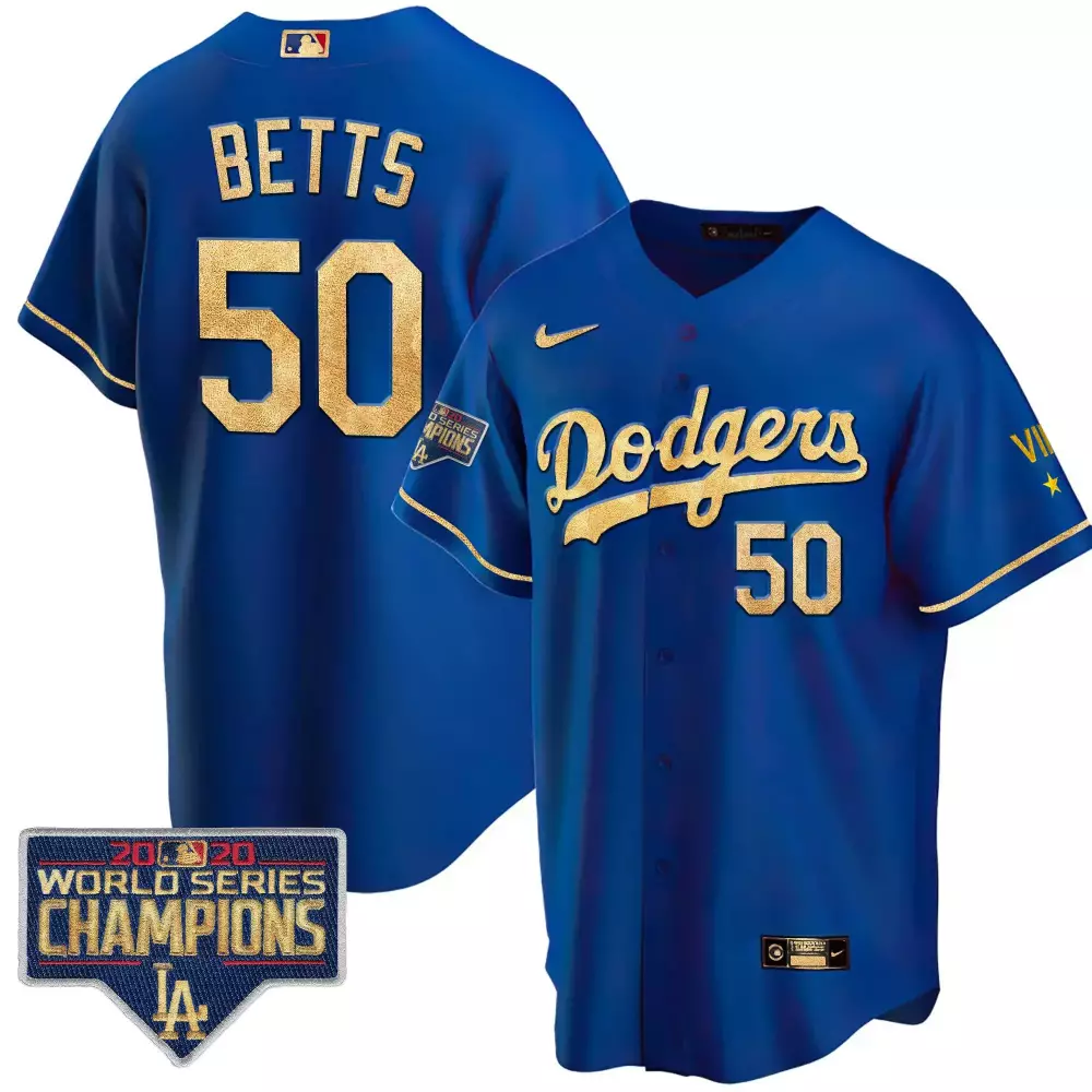 Mookie Betts 50 Dodgers Jersey Royal Blue 2020 World Series Champions Men Gold White
