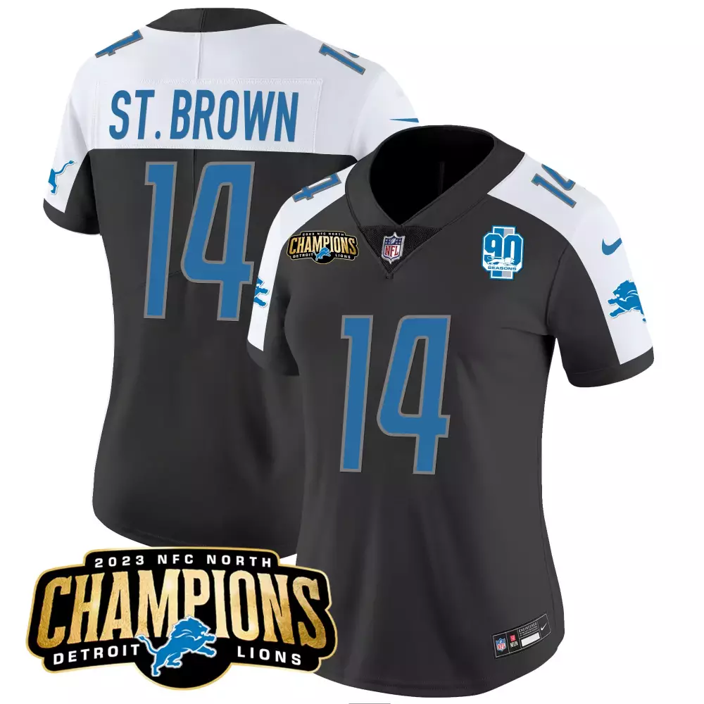 Aamaris Brown 14 Detroit Lions Jersey Black 2023 NFC North Champions 90 Seasons Men