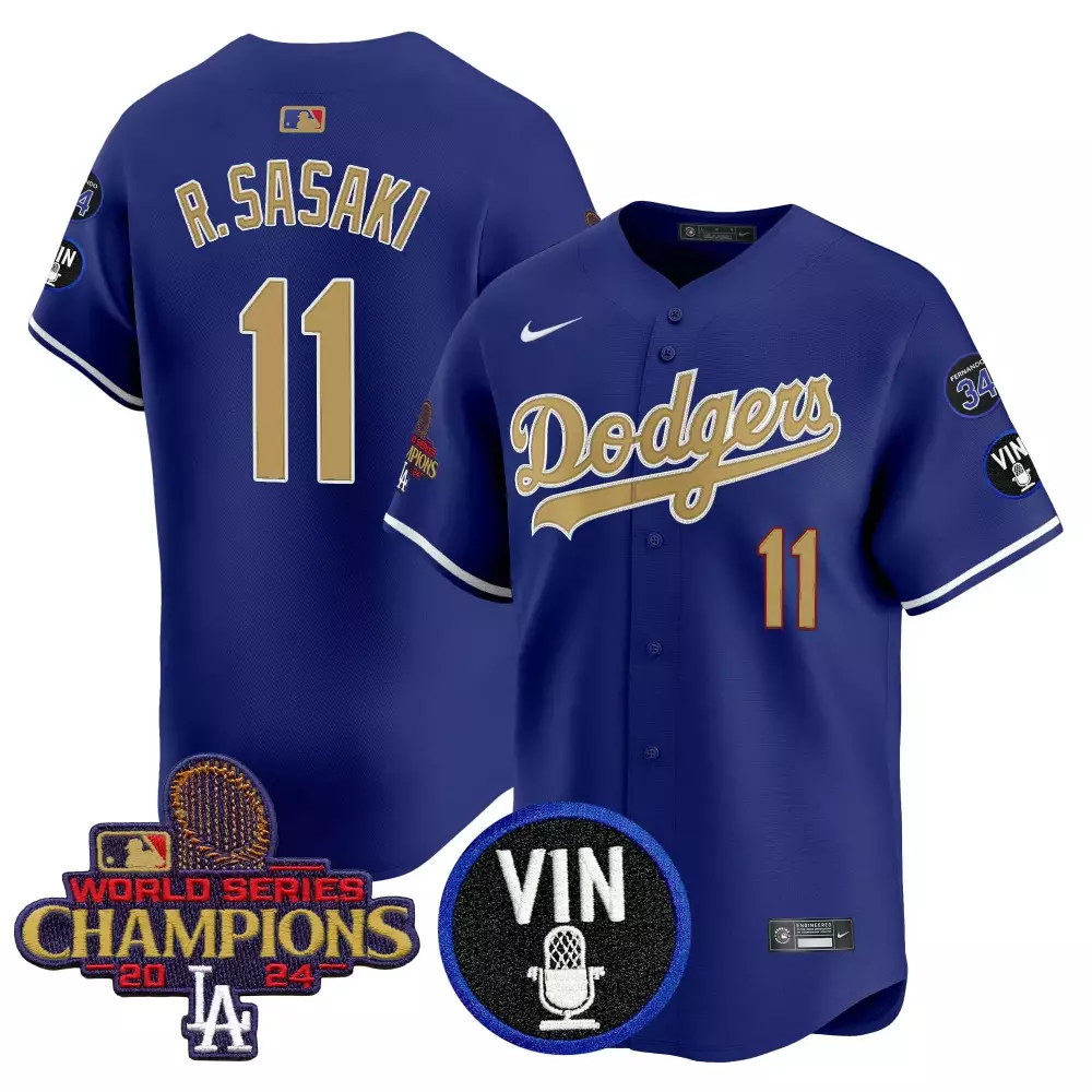 Roki Sasaki 11 Dodgers Jersey Royal Blue World Series Champions 2024 Vin Men Gold